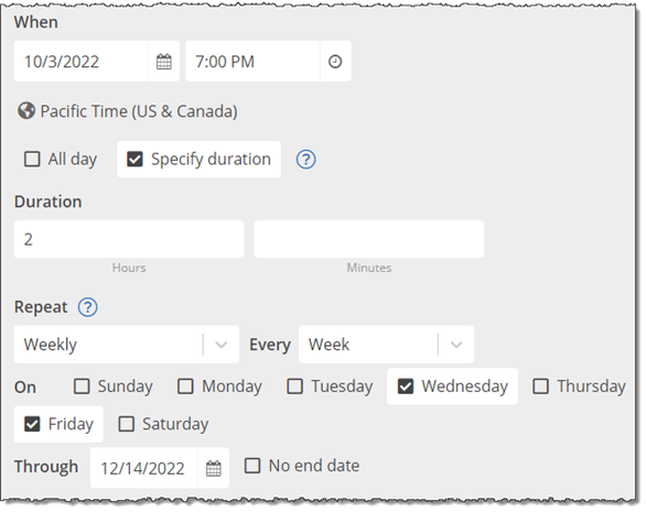 Setup for events that repeat on irregular days