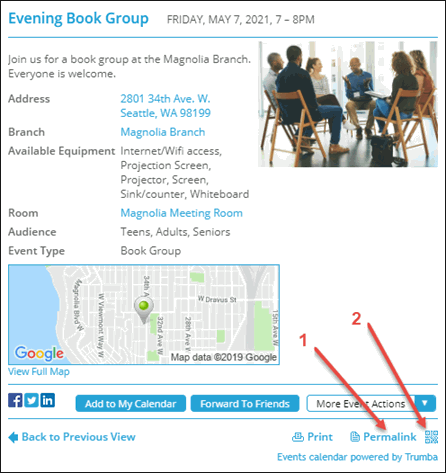 Permalink and QR code image in event detail view