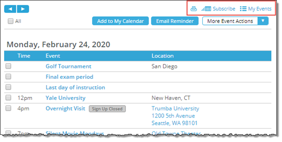 Calendar actions in a published calendar view