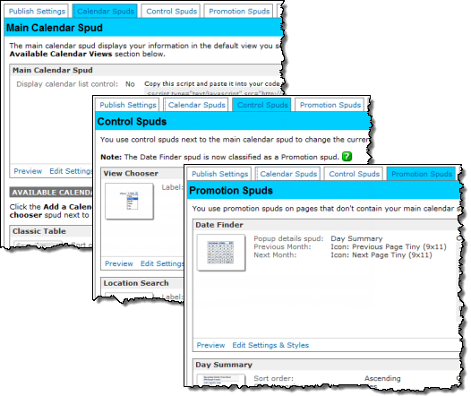 Calendar, Control, and Promotion Spuds tabs